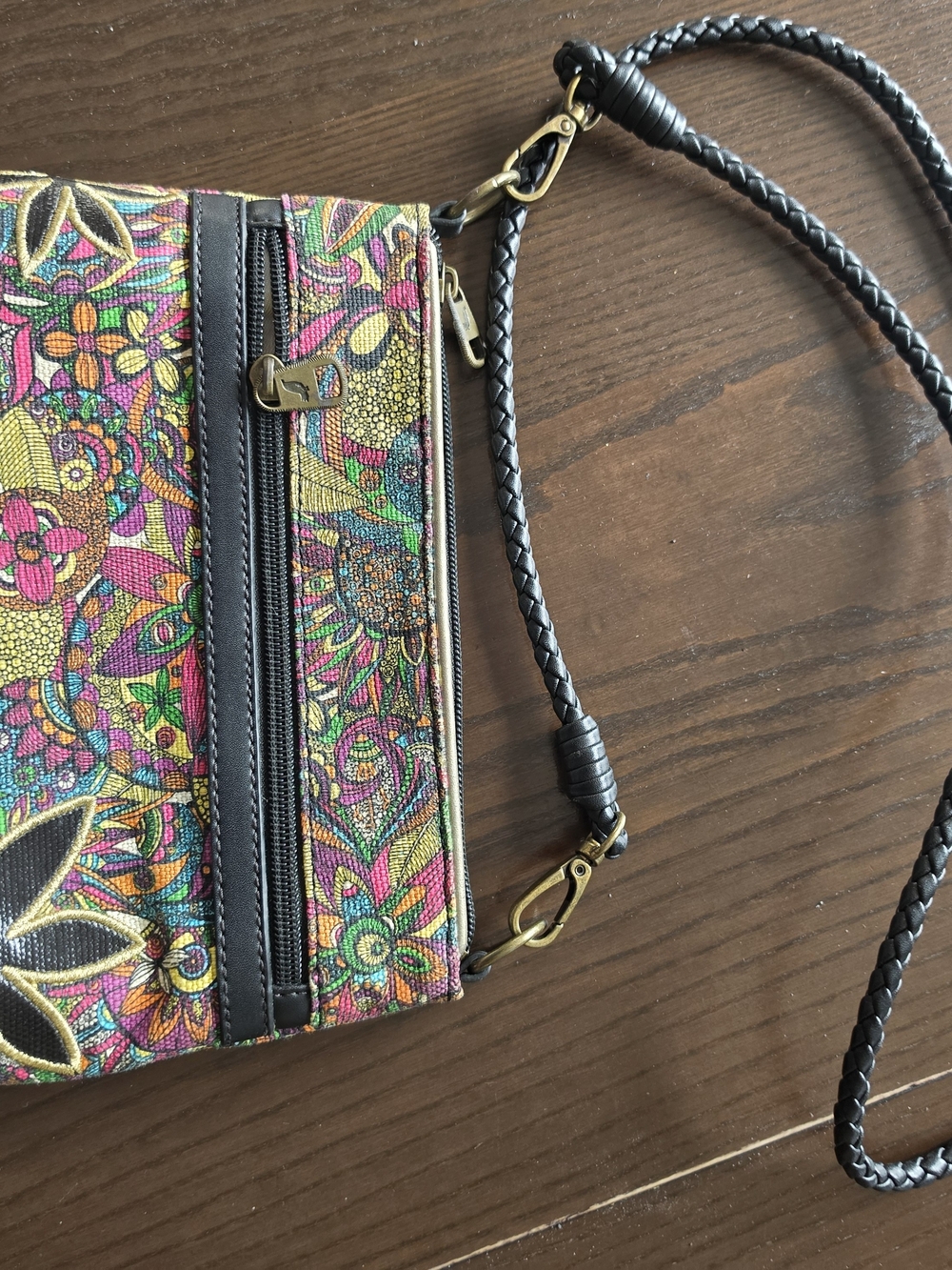 Sakroots Multicolor Floral Crossbody with Black Braided Strap and Gold Hardware